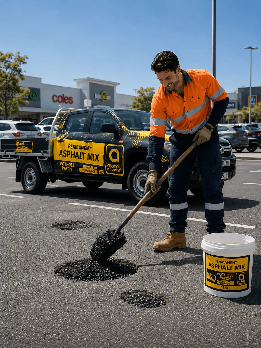Worker repairing a pothole with Road Solutions AUS asphalt mix