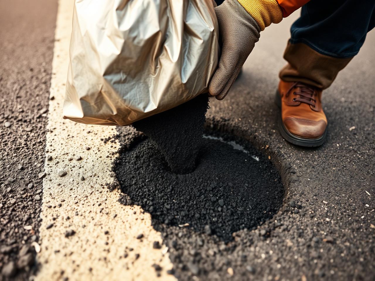 Worker repairing a pothole with asphalt