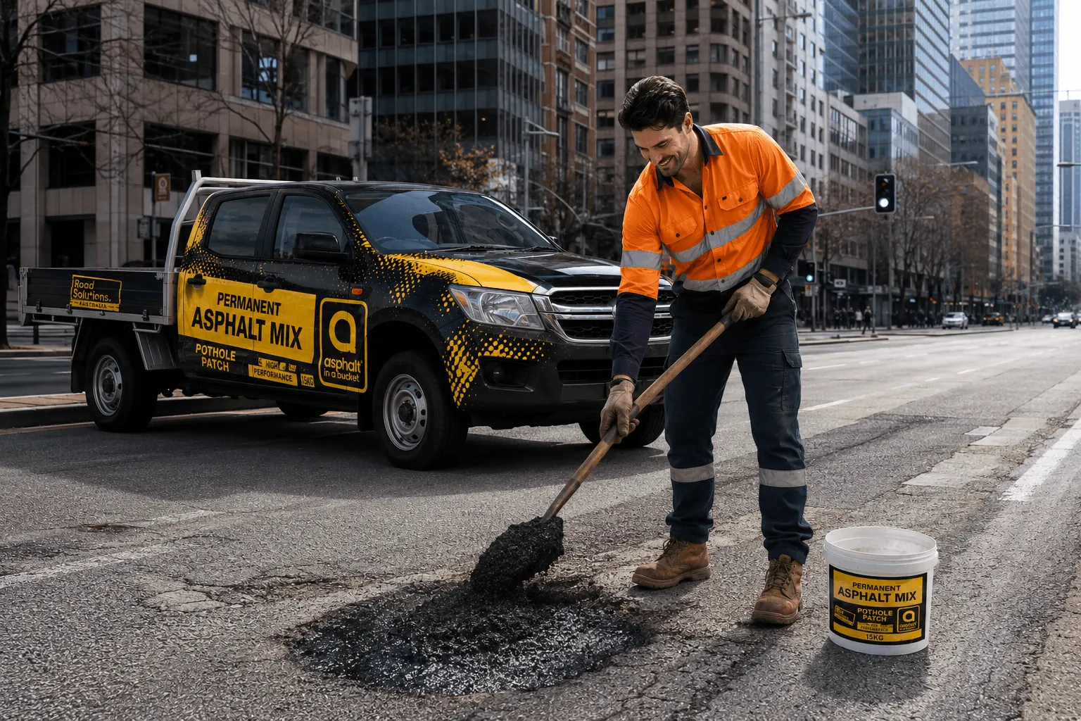 Worker repairing a pothole with asphalt